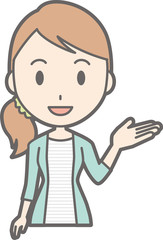 Illustration of a young woman in striped clothes lifting one hand