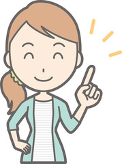 Illustration that a young woman in striped clothes is pointing at a smile