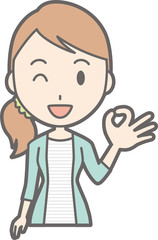 Illustration that young women in striped clothes are doing OK sign