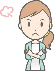 An illustration of a young woman in striped clothes angry