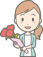 Illustration that a young woman in striped clothes has a bouquet of flowers