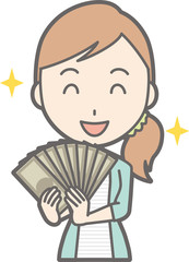 Illustration that a young woman in striped clothes has a bundle
