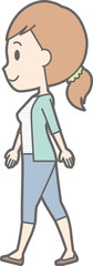 Illustration of a young lady in striped clothes walking sideways