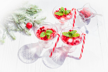 Cranberry drinks with lollipop candy cane on white rustic wooden table, Christmas background