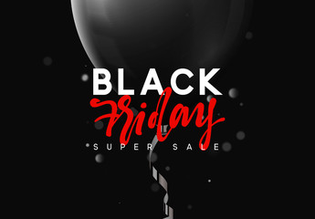 Black Friday sale, banner, poster advert. Card offert promotion design. Background lights bokeh and black air balloon