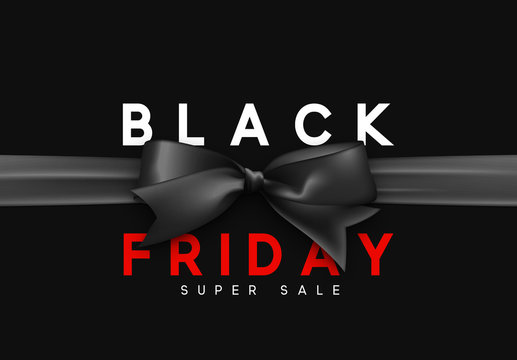 Black Friday sale, banner, poster advert. Card offert promotion design. Background black ribbon bow.