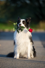 border collie dog holding a red rose