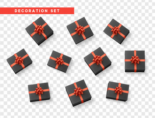 Set gift box black, with red ribbon and bow. Realistic isolated different gift boxes. Flat lay, top view