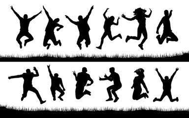 Happy jumping people silhouettes