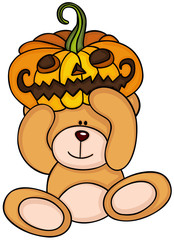 Teddy bear holding halloween pumpkin
