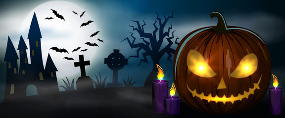 Night cemetery, crosses, tombstones and graves horizontal banner. Carved Halloween pumpkins. Colorful scary Halloween illustration. Vector