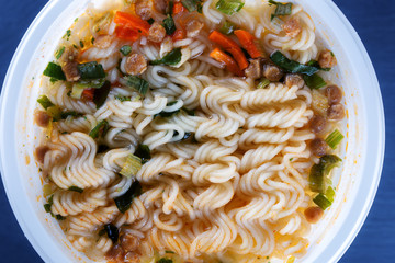 Chinese noodles, hot, close-up, fast food.