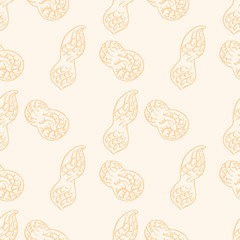Small ripe raw tasty Peanut pods on beige backdrop. Freehand outline ink hand drawn picture sketchy in art vintage scribble style pen on paper. Closeup view. Seamless pattern peanut pod for packaging.