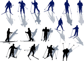 set of skiers with shadows isolated on white