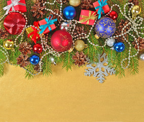 Christmas decorations on a spruce branch