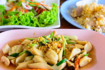 Thai food background, Fried mushroom with squid and shrimp salad