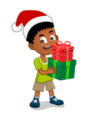 boy holding Christmas gifts