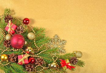 Christmas decorations on a spruce branch