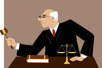 Male judge with a gavel presides over court proceeding, EPS 8 vector illustration