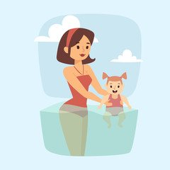 People on beach outdoors mother and daughter summer lifestyle sunlight fun vacation happy time cartoon characters vector illustration.