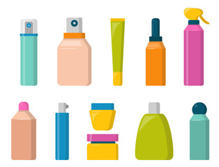 Bottles of cosmetic cosmetology lotion makeup beauty plastic liquid cream container fluid pack vector illustration.