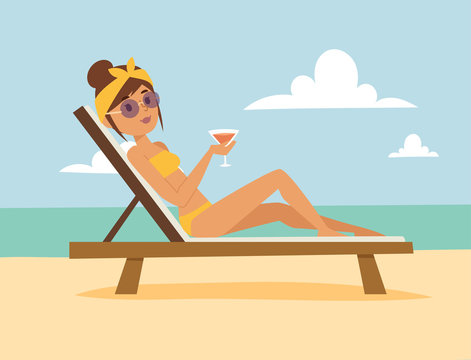 Woman on beach outdoors, summer lifestyle sunlight fun vacation happy time cartoon character vector illustration.