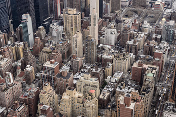 View on buildings and skyscrapers in New York City from slightly above position
