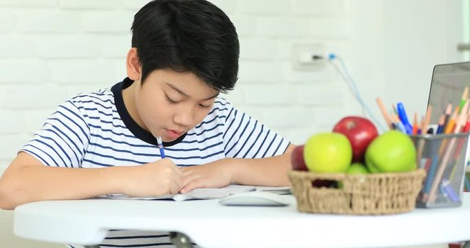Cute asian boy doing homework at home with smile face.