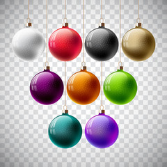 Colorful Vector Christmas Ball Set on a Transparent Background. Isolated Realistic Decorations.