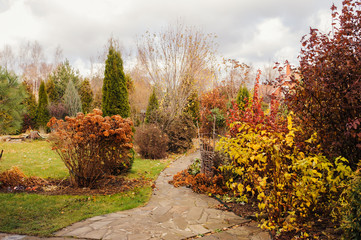 late autumn private garden view with stone pathway and dried hydrangea - Powered by Adobe