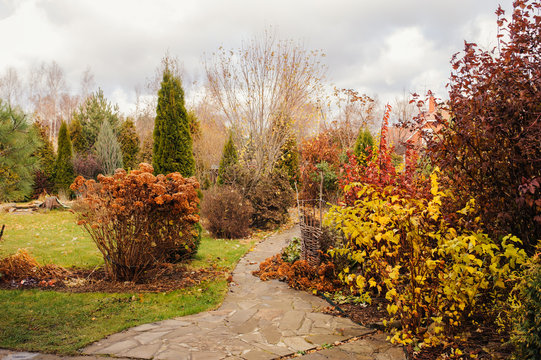 late autumn private garden view with stone pathway and dried hydrangea