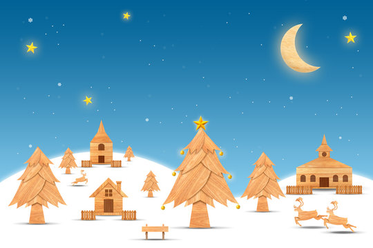 Landscape forest with christmas tree and house in night time with snowfall. Christmas season and Happy new year season made from wood with decorations art style illustration