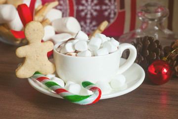 Hot chocolate with marshmallows and spices on wooden background.Christmas gingerbread and candy cane, happy new year 2018