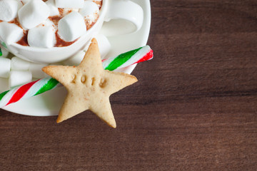New Year and Christmas treats. Traditional sweets. A cup of hot chocolate with marshmallow fried on fire, gingerbread star with 2018 number, candy cane stick, copy space