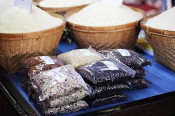 Various kinds of Rice in Asian market, local food
