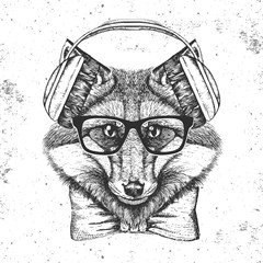 Hipster animal fox. Hand drawing Muzzle of animal  fox