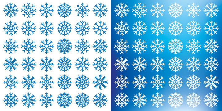 Vector snowflakes set on white and blue mesh background, winter icons silhouette, 36 ice stars, vector elements for your Christmas and New Year holiday design projects