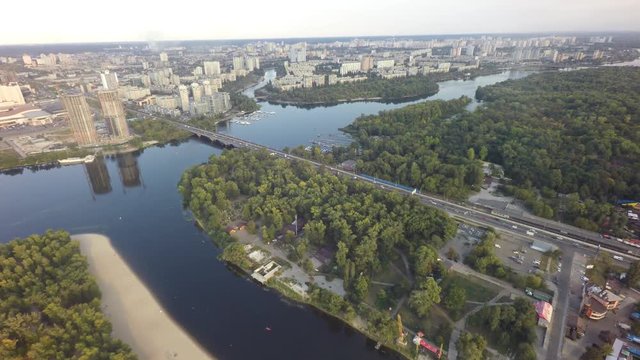 Dnieper and Desna river in Kiev,  aerial view, raw, 4K