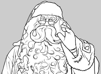 Santa Claus Waving - Black and White Christmas Illustration, Vector