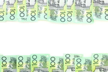 Frame of 100 dollar Australian notes group on white background have copy space for put text