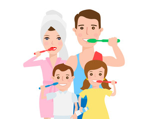 happy family cleaning teeth with toothbrushes 