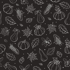 Seamless autumn background white on black. Tiled fall pattern with leaves, pumpkins and cranberries.