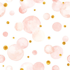 Watercolor vector texture. Aquarelle circles in pastel colors. Seamless pattern. Watercolor pink, and golden spots isolated on white background.