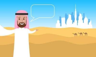 arab businessman in traditional clothes taking selfie photo on desert city background