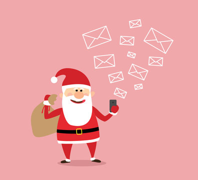 santa claus reading email messages on smartphone
