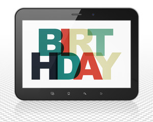 Entertainment, concept: Tablet Pc Computer with Birthday on  display