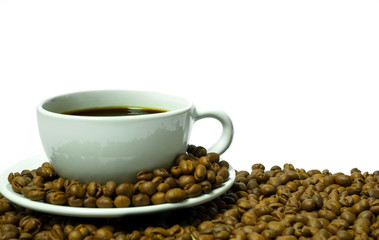 Black coffee and coffee bean on white background