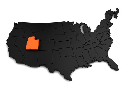 United States of America, 3d black map, with Utah state highlighted in orange. 3d render
