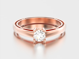 3D illustration rose gold decorative solitaire engagement diamond ring with shadow and reflection