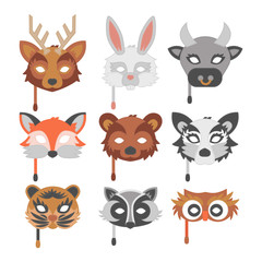 Fototapeta premium Set of cartoon animals party masks vector holiday illustration party fun masquerade festival decoration.